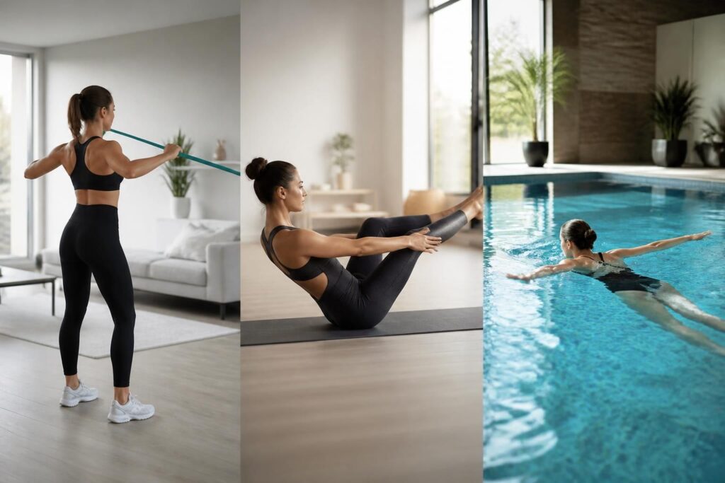 découvrez des exercices de renforcement musculaire pour le dos adaptés utilisant élastique, pilates et piscine, pour une silhouette tonifiée et un dos renforcé en douceur.